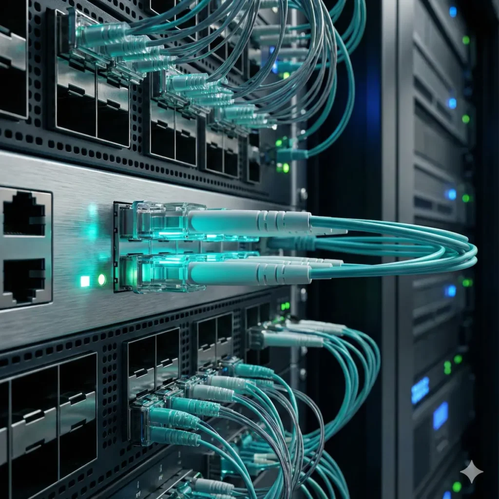 02 cables plugged into a professional network switch port